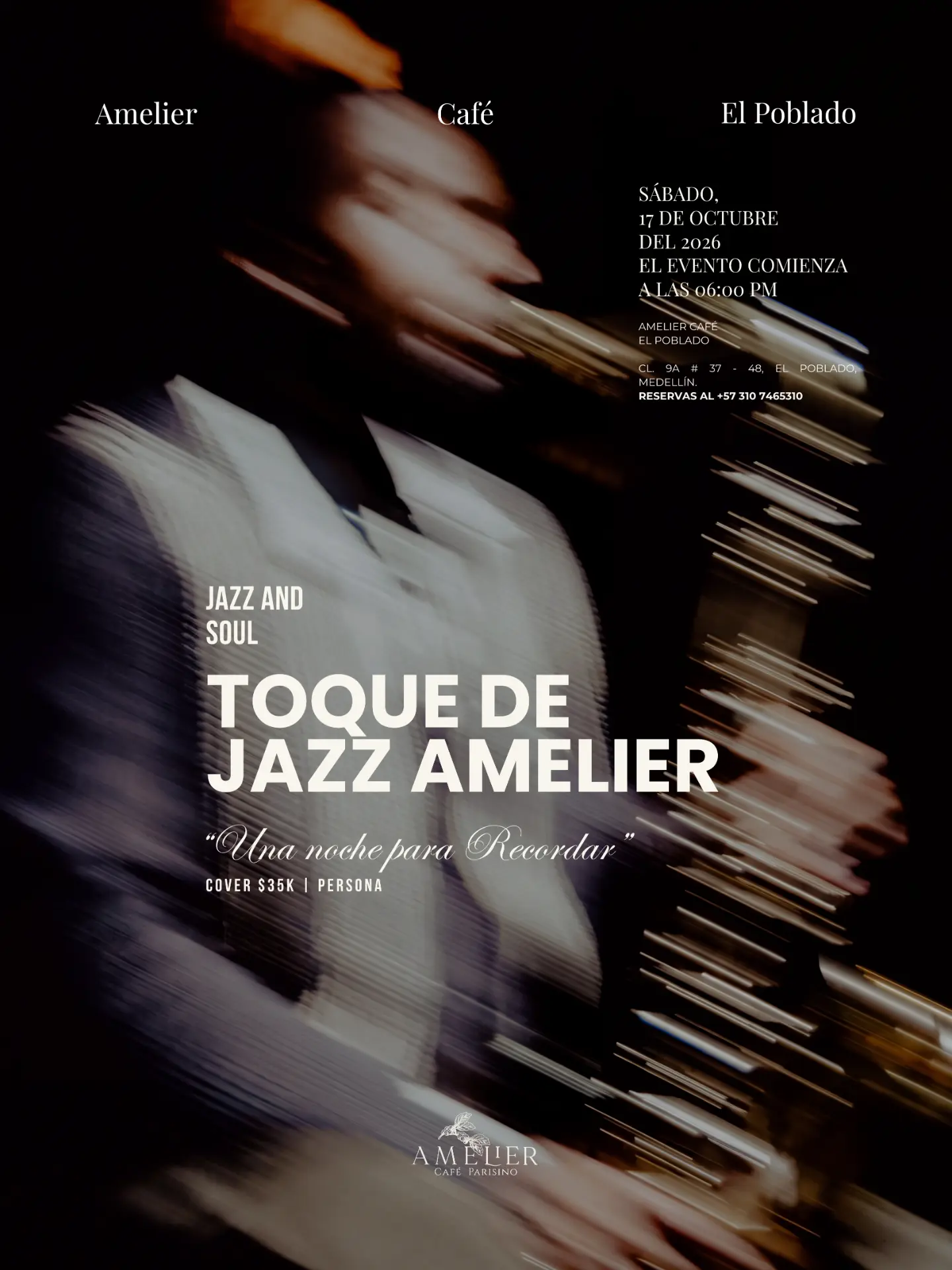 Carátula Toque de Jazz Amelier — sábado 17 de octubre, sede El Poblado, evento agotado